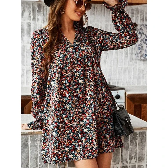 Floral Flounce Sleeve Frilled Neck long sleeve mini Dress - Picture 1 of 4
